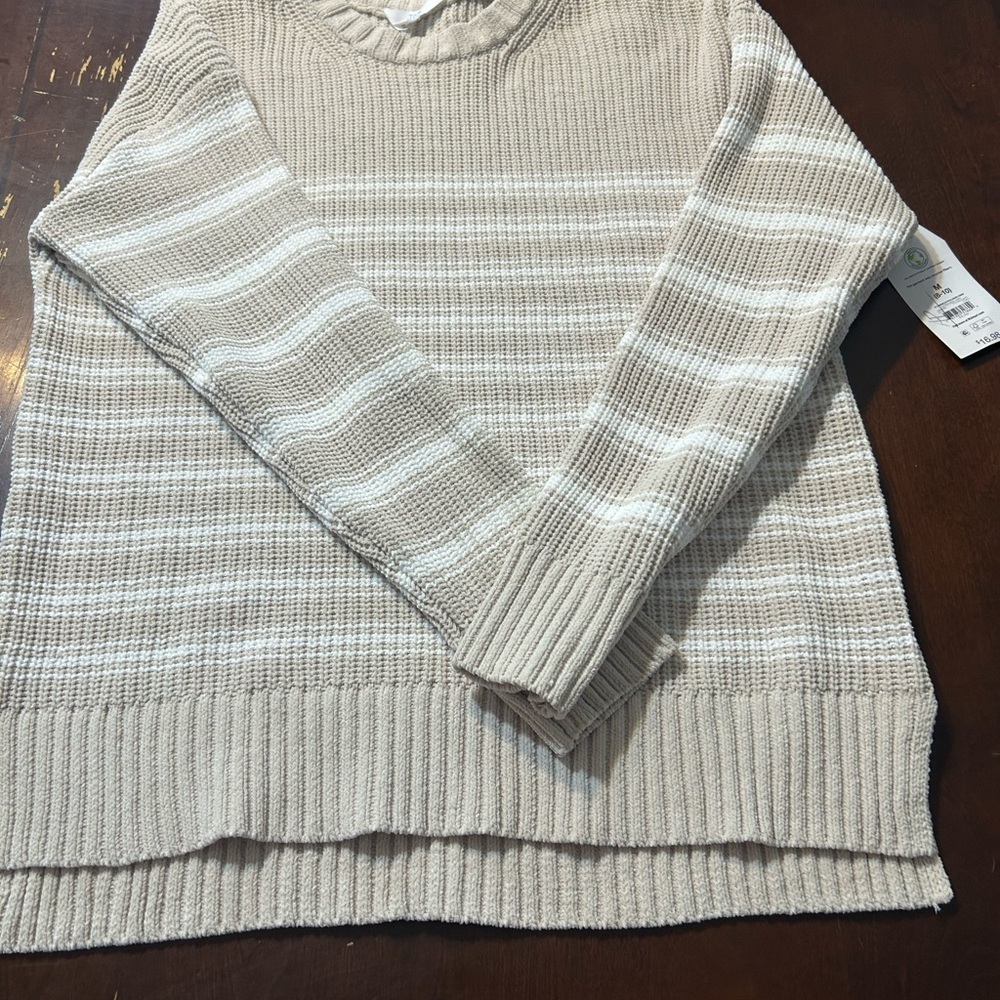 Tan and White Crew Neck Striped Sweater with Chunky Knit